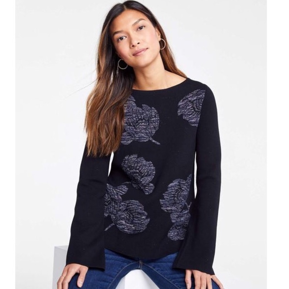 Ann Taylor Black Shimmer Floral Sweater